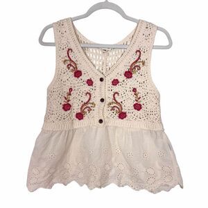 POL Crochet Blouse Womens OS Small Cream Red Embroidered Floral V-Neck Peplum